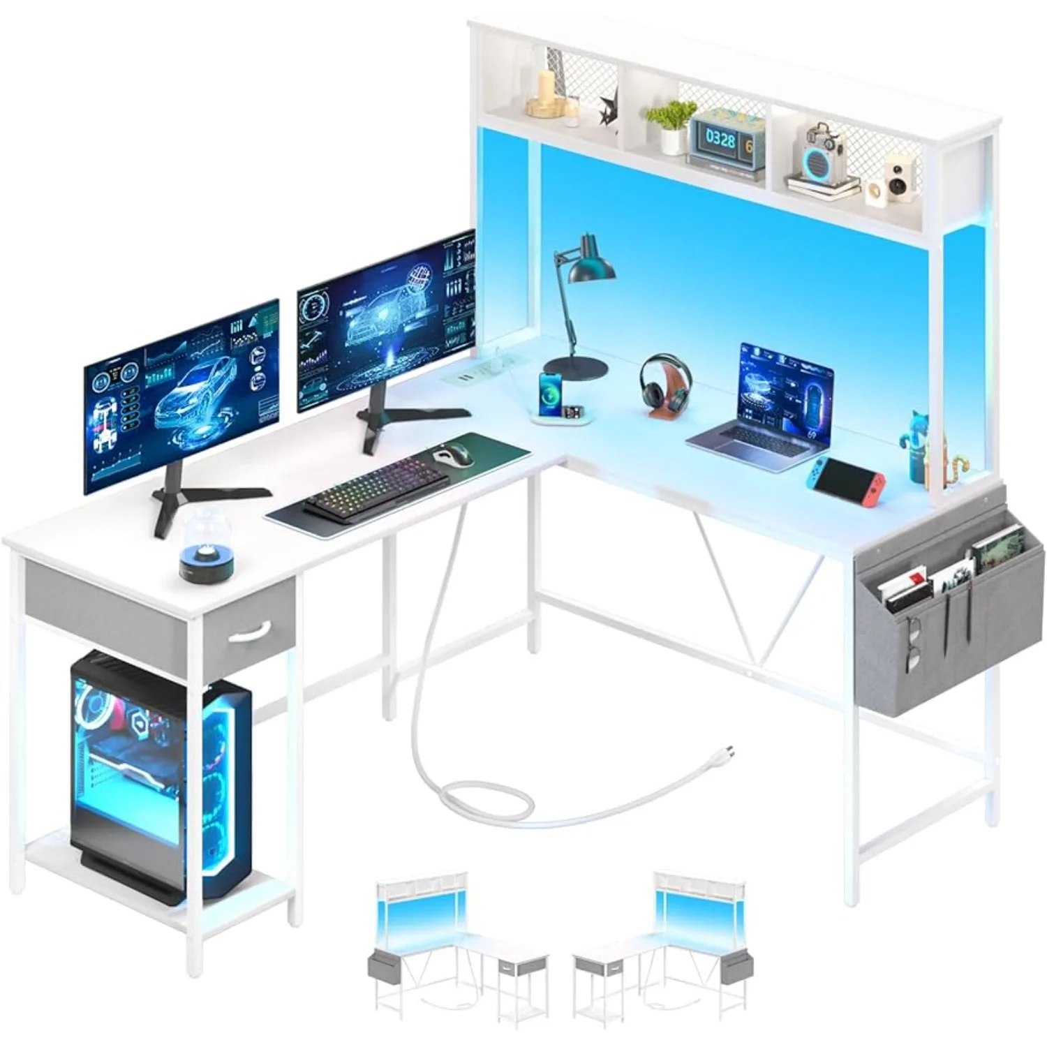

Yoobure L Shaped Desk Gaming Desk with LED Strip & Power Outlet Reversible L-Shaped Computer Desk with Storage Shelf & Drawer