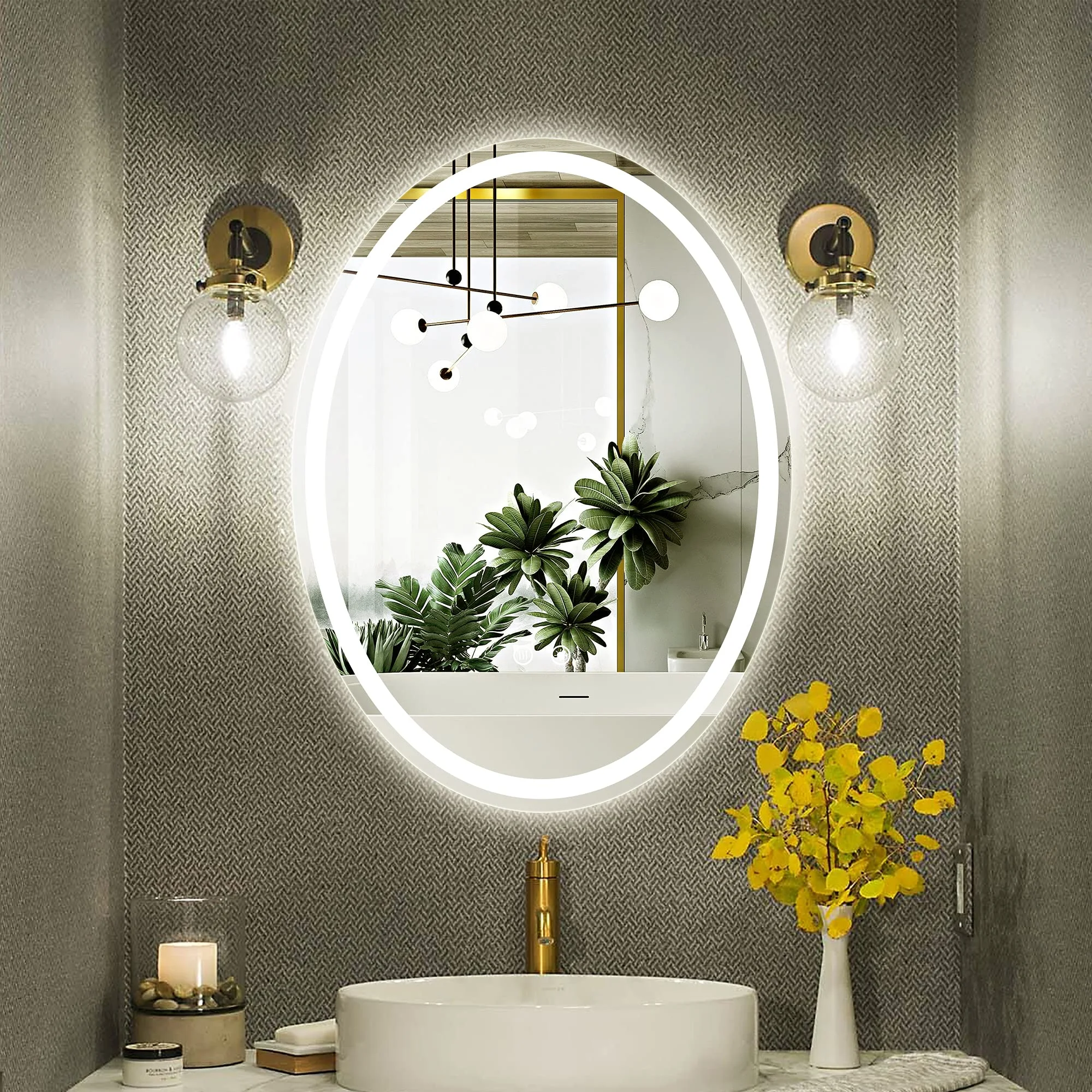Modern Bathroom Mirror With Led Light Oval Wall Mounted Illuminated Makeup Mirror Smart Backlit