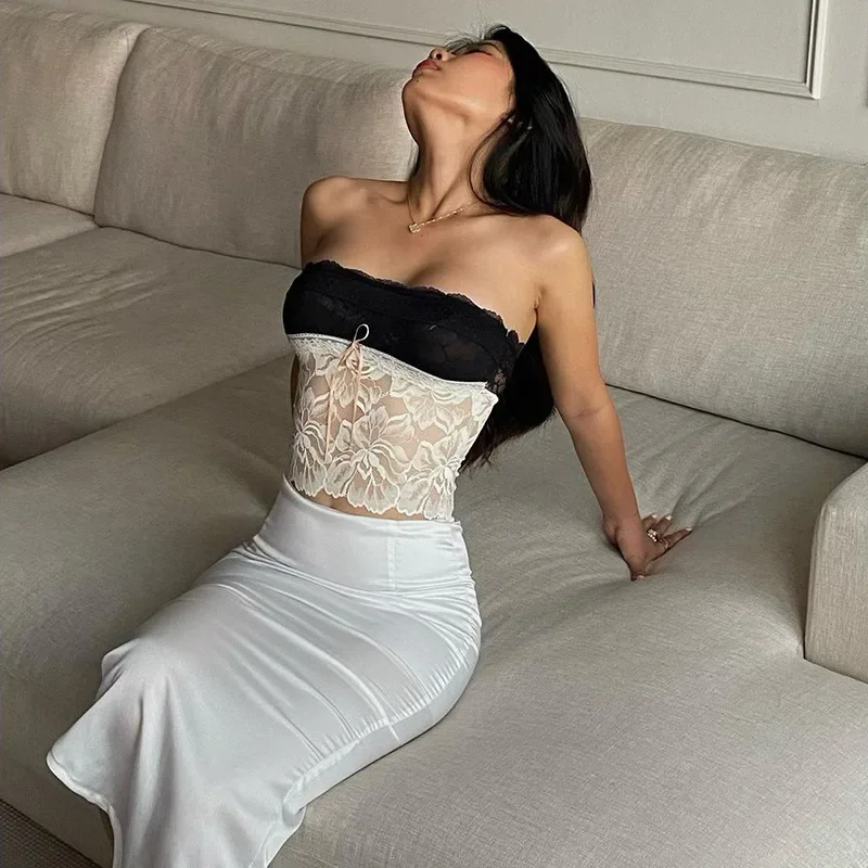 Halter Lace See-Through Crop Top Ruffled Contrast Tank Top - Y2K Fashion Patchwork Strapless Sexy Contrast Cropped Top