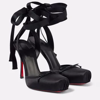 European and American Niche High-heeled Square Toe Ankle Strap Satin Bow Ballet Toe Cap Red Sole Plus Size Women's Sandals 1