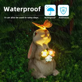 Rabbit Garden Statue with LED Light Waterproof Resin Butterfly Bunny Figurine Patio Yard Lawn Easter Decoration Ornament