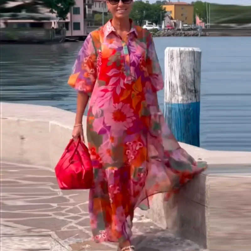 Autunno femminile partito Maxi vestito etnico donne 3/4 manica stampata abito lungo Vintage Polo collo allentato maniche lunghe grandi abiti Swing 1