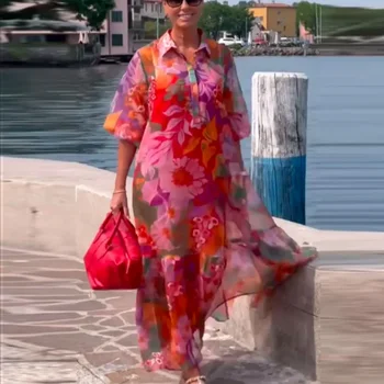 Autunno femminile partito Maxi vestito etnico donne 3/4 manica stampata abito lungo Vintage Polo collo allentato maniche lunghe grandi abiti Swing 1