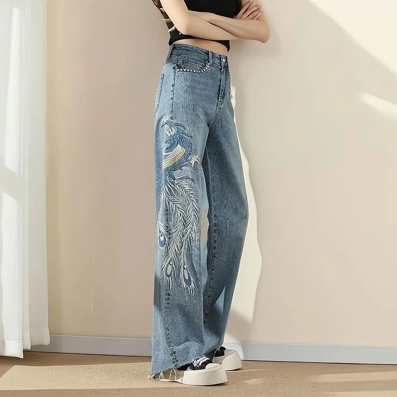 Korean Jeans Y2K Harajuku Hip Hop Phoenix Graphic Goth Retro Blue Baggy Jeans Denim Pants Women Gothic High Waist Wide Trouser graphic into the blue блокнот l