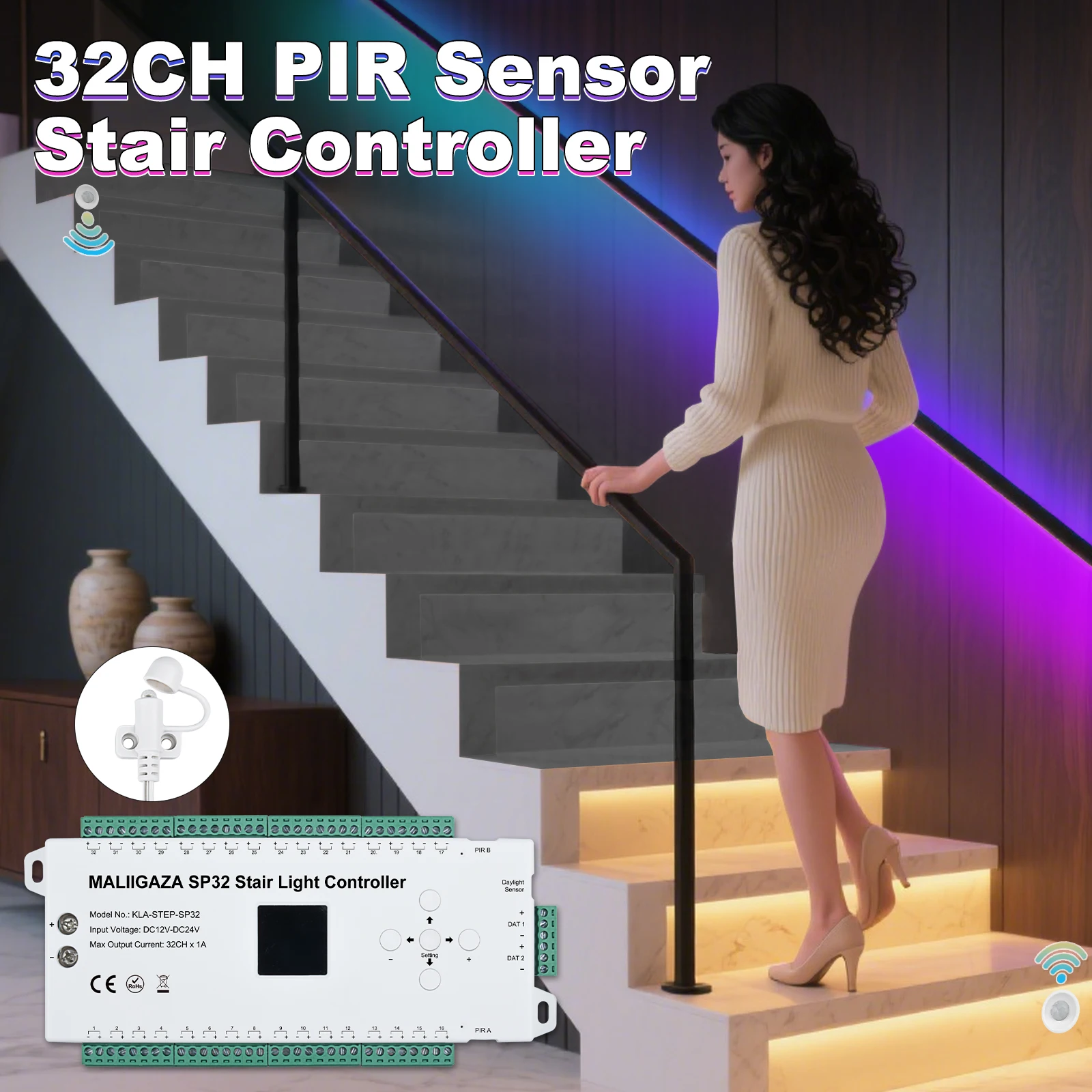 MALIIGAZA LED บันได Light Controller Motion Sensor โปรแกรมขั้นตอนและบันไดด้านข้าง Strip Lighiting 2CH วิ่ง LED Strip 1