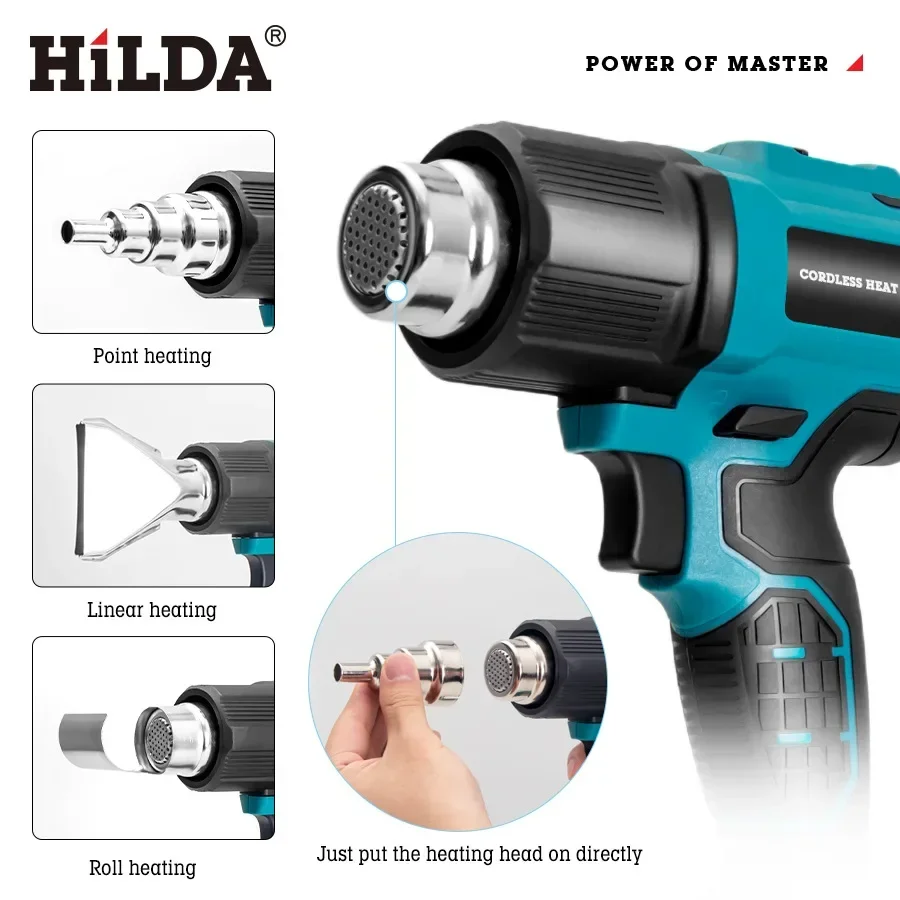 Handheld Hot Air Gun Rechargeable Cordless 300-550℃ Temperature Adjustable Electric Heat Gun with Nozzles for Makita 18V Battery 6