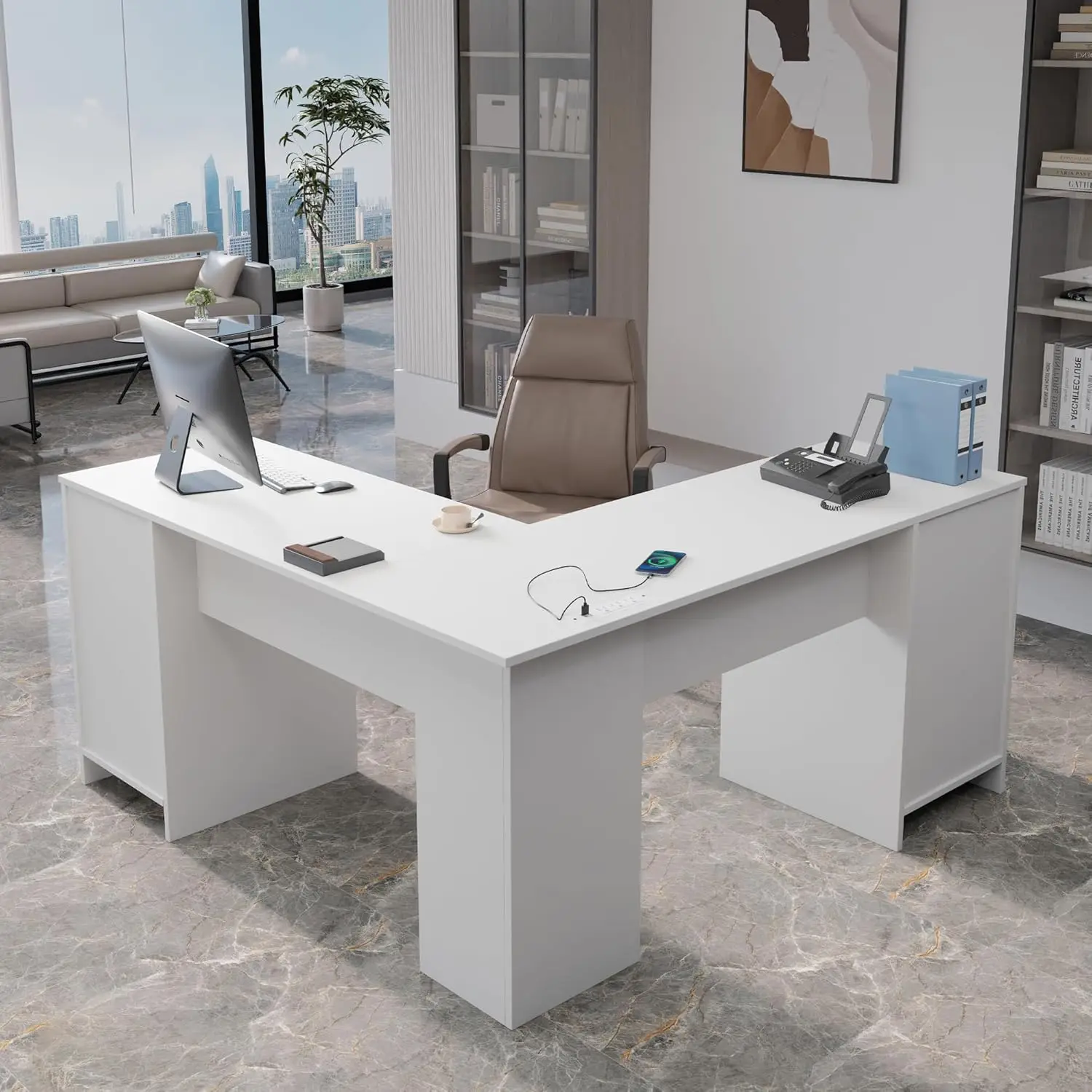 L Shaped Desk with File Cabinet, Corner Computer Desk with Storage Drawers, Large Home Office Table with Power Outlets 2