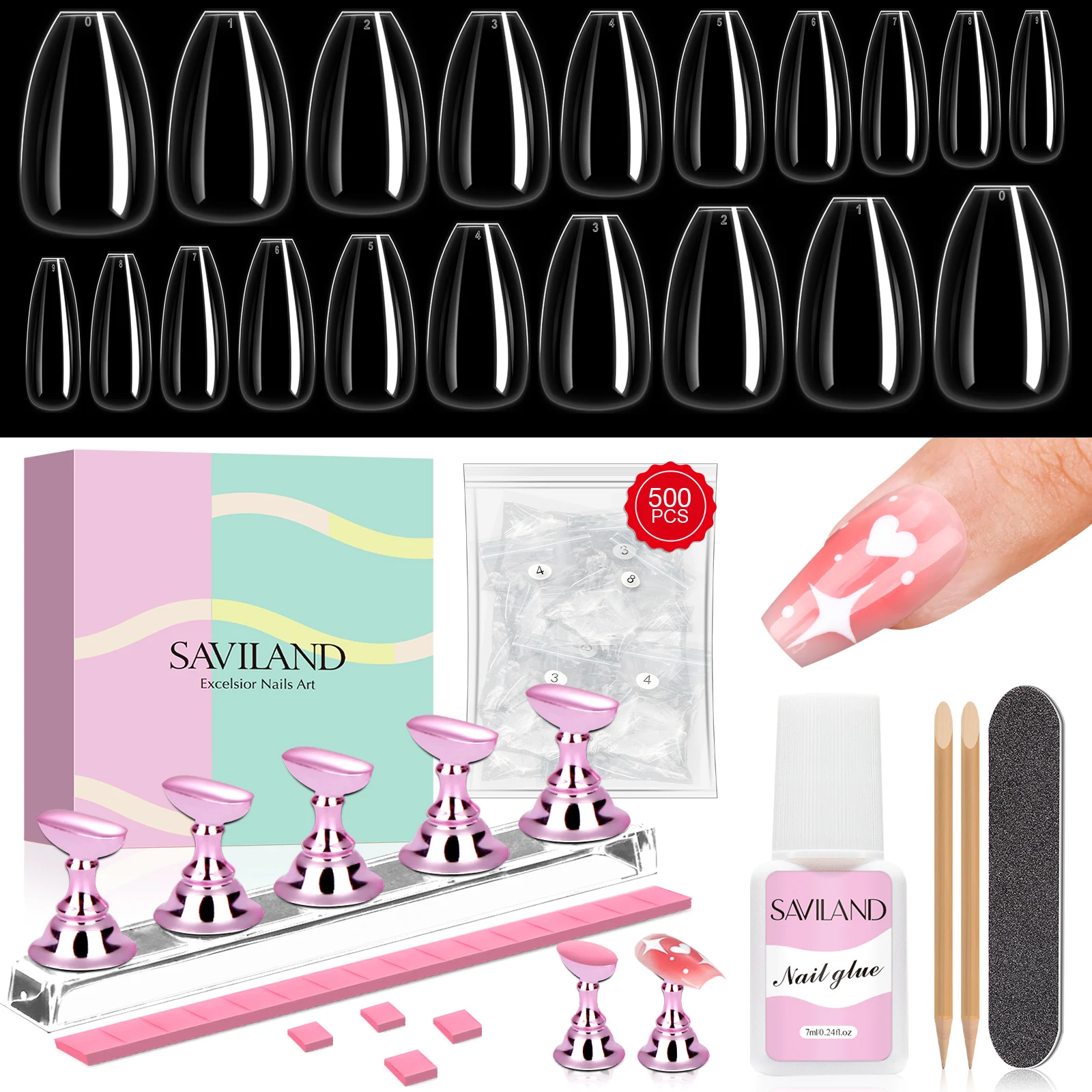 thumbnail image 1 of SAVILAND 500 piezas de puntas de uñas postizas cortas con pegamento para uñas de secado rápido Puntas de uñas postizas Esmalte de gel para uñas a presión Arte de uñas casero DIY, 1 of 4