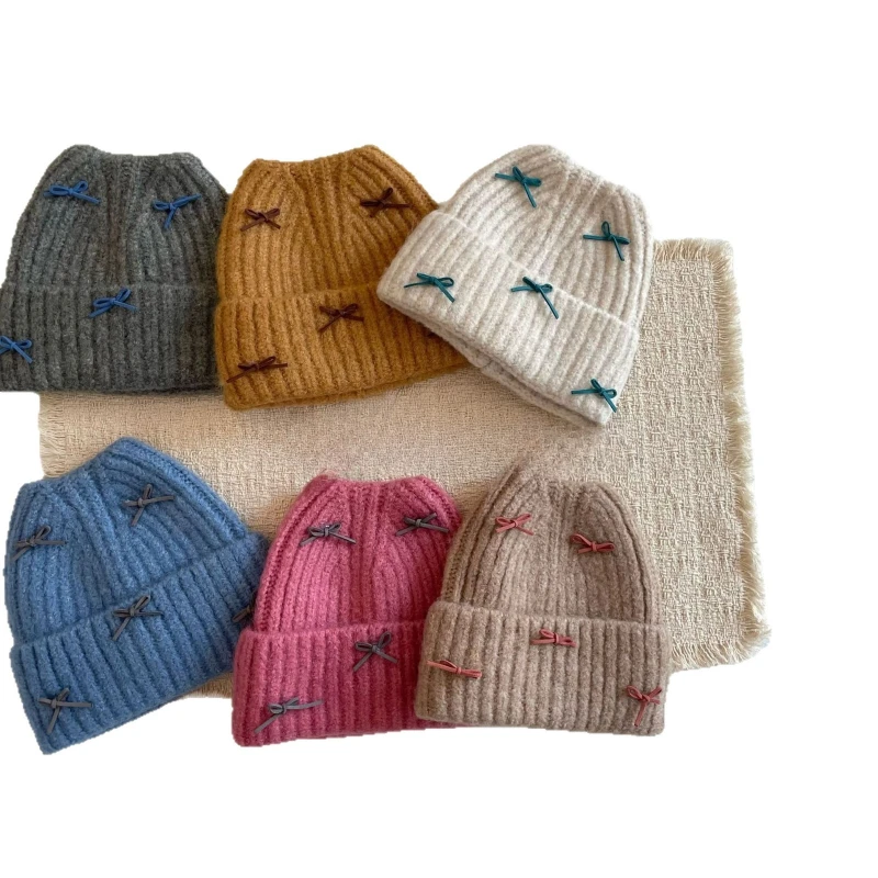 Sweet Bow Thickened Children's Woolen Cap Winter Versatile Knitted Hat Baby Ear Protection Hat Kids Winter Warmer Accessories