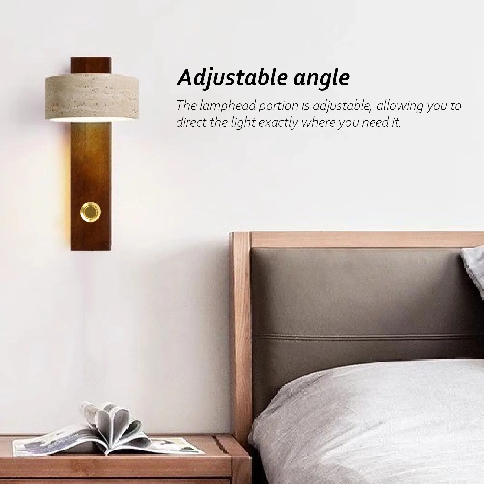 LED Wall Lamp Warm Light Rustic Industrial Wall Sconce Hardwired Press Key  Stone Wood Adjustable Angle for Bedside
