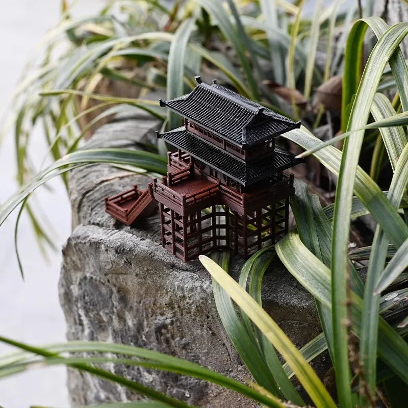 Handmade 3D Printed Ancient Chinese Landscape Decor - Two-Tiered Stilted Pavilion ，for Fish Tank/Terrarium/Bonsai Tree Display