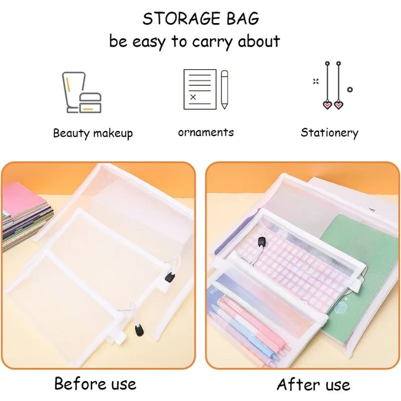 Translucent Mesh Cosmetic Bag Handheld White Border Document Pouch Stationery Supply Convenient Lightweight Zipper Storage Bags