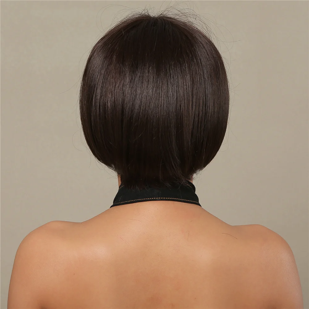 Synthetic Blend Wigs Bob Wig 30% Human Hair Blend Synthetic Fiber Women Bob Short Wigs Natural Dark Brown Straight Wig Heat Resistant Daily Use Cosplay Wig