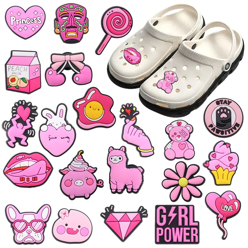 

Mix 50PCS PVC Croc Charms Peach Milk Girl Power Flower Cupcake Love Diamond Garden Shoes Button Decorations Fit Wristbands