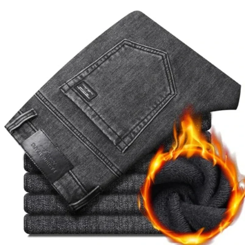 Winter Warm Jeans Men's Slim Straight Elastic Denim Pants Casual Male Clothing Fashion Plush Trousers New Hot Sale Fashion Jeans 6