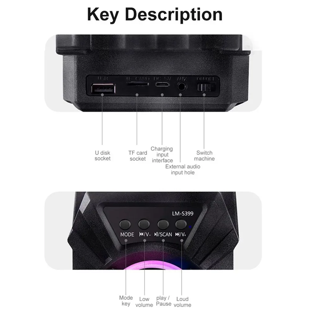 Description Picture 4 of item500mAh Bluetooth speaker Sound box high power bluetooth speakers TF Udisk karaoke handheld sound subwoofers for dancing