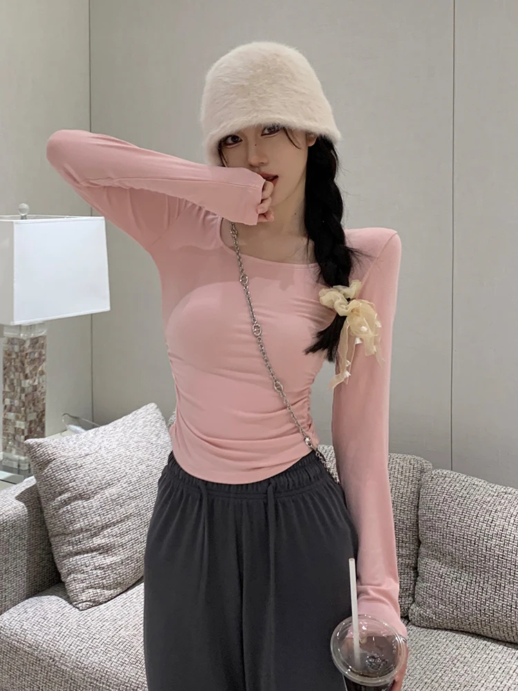 

Женские футболки, топы, Японские Женские, Ulzzang, повседневные, однотонные, шикарные, тонкие, с длинным рукавом, футболки, женские, Harajuku, одежда для женщин