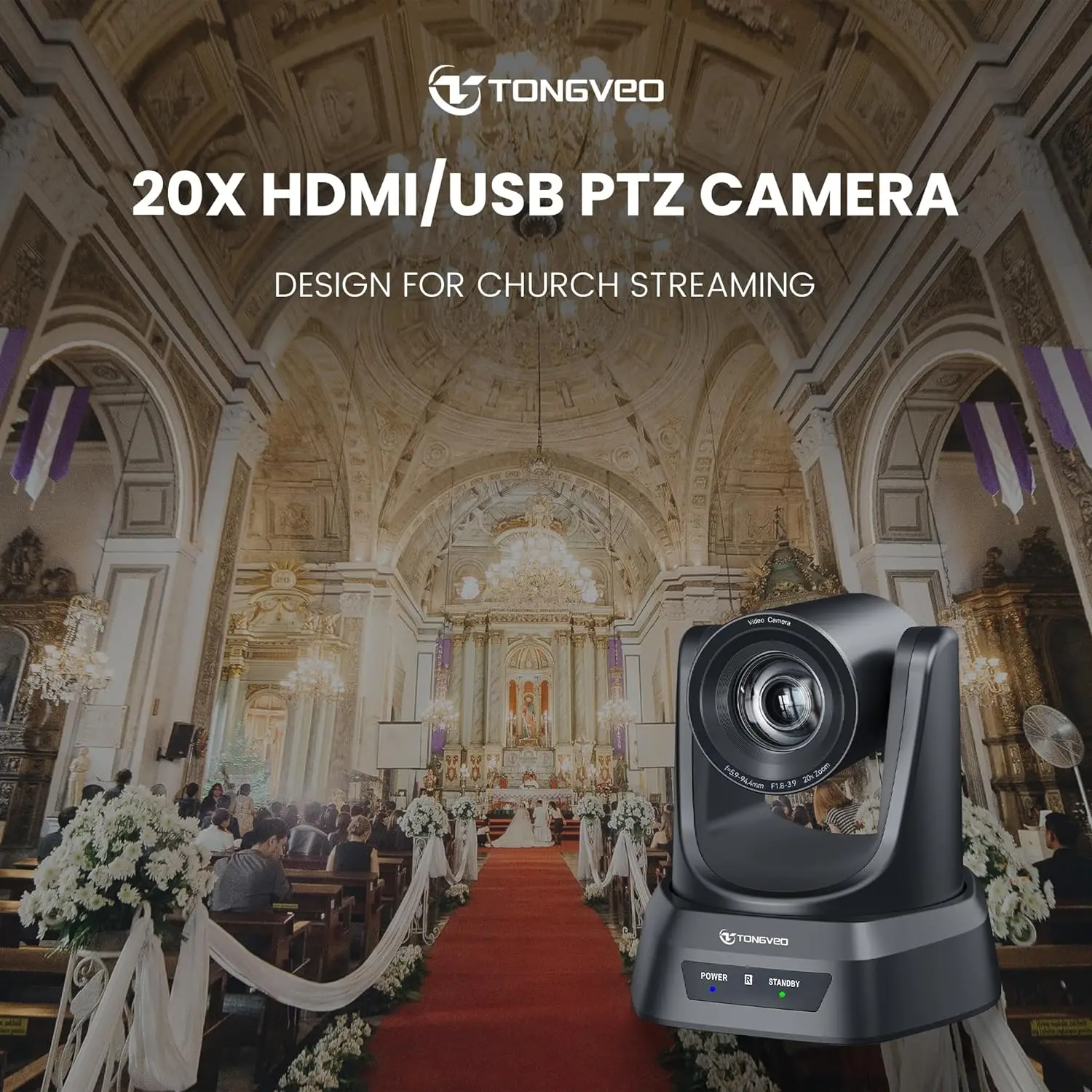 TONGVEO HDMI PTZ Camera 20X Optical Zoom Church Live Streaming USB 1080P 60fps Camera For Worship Services Online Conference
