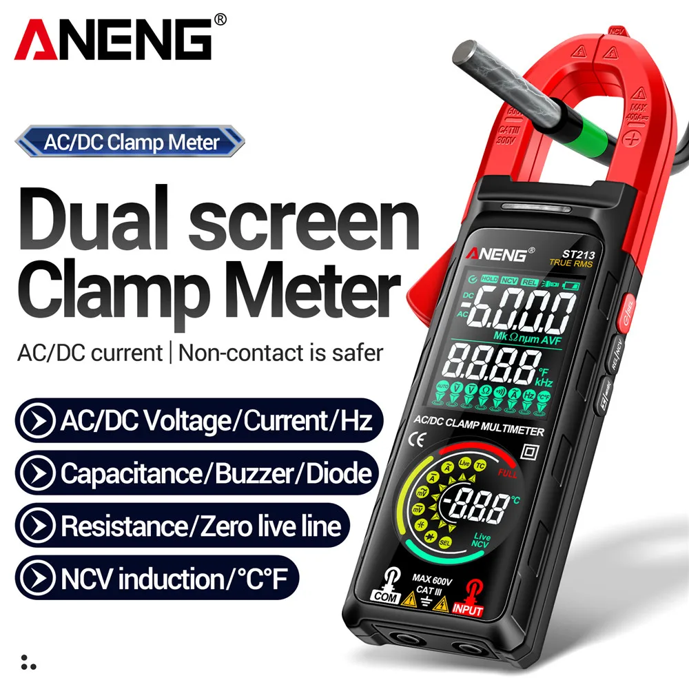 ANENG ST213 Multimeter Smart Digital Clamp Meter DC/AC Current Reverse Screen Dual Screen Display Non-contact Tester Tools