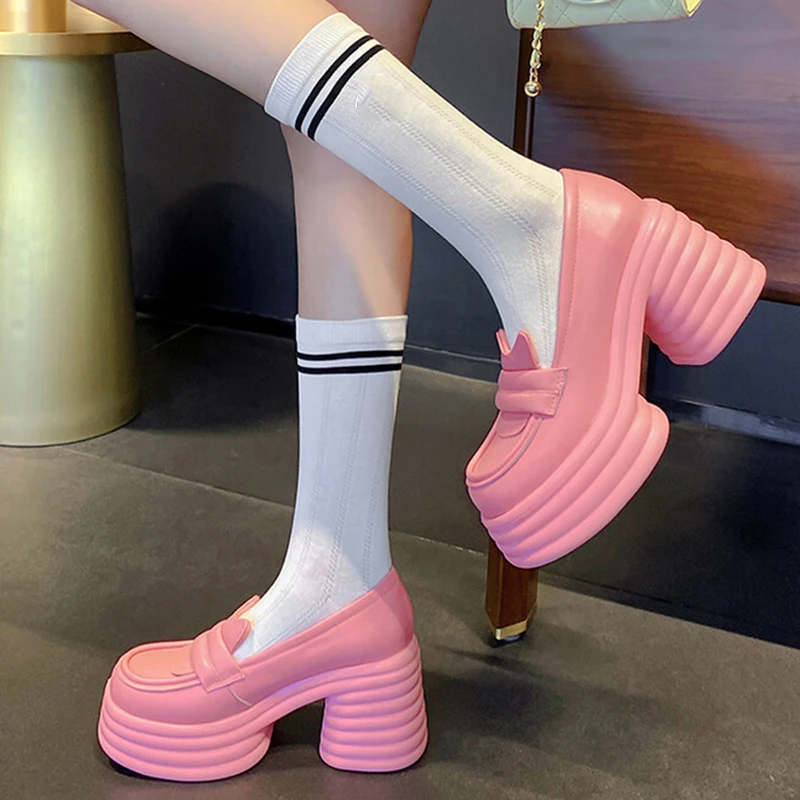 

Women Shoes Girl PU Leather Candy Color Round Head Personalized Design High Quality Sweet Retro Chunky Platform Shoes Female