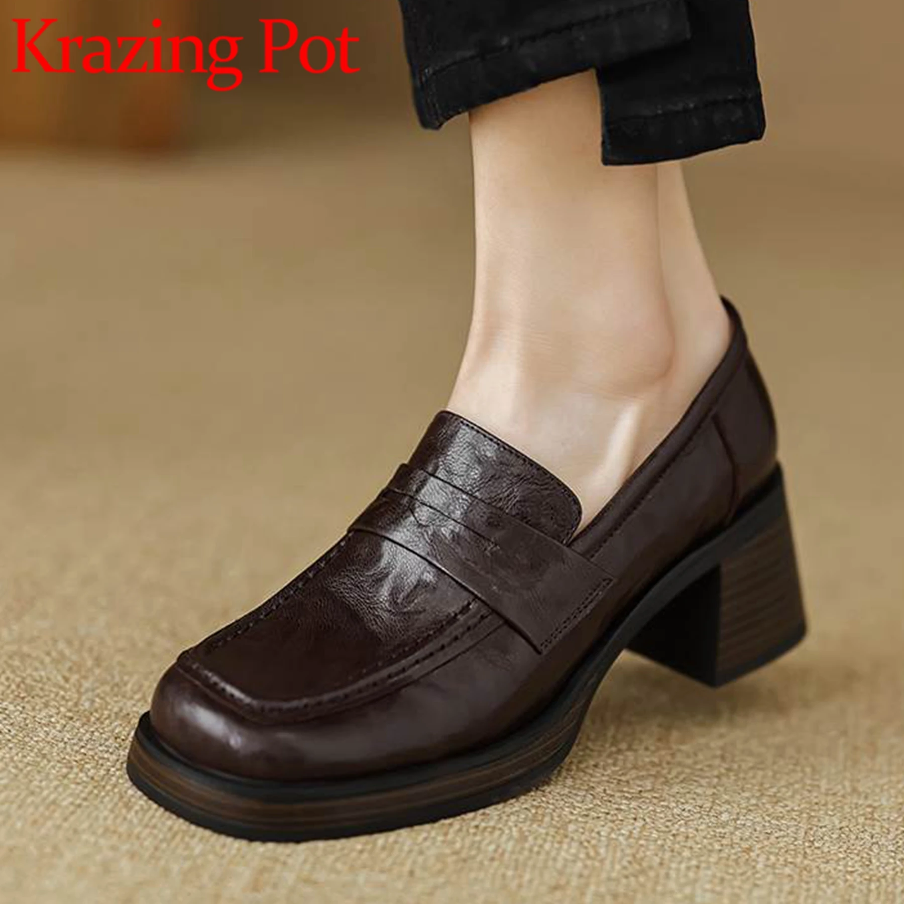 

Krazing Pot Sheep Leather Thick High Heels Spring Summer Square Toe Mary Janes Women Modern Solid Color Fashion Platform Pumps