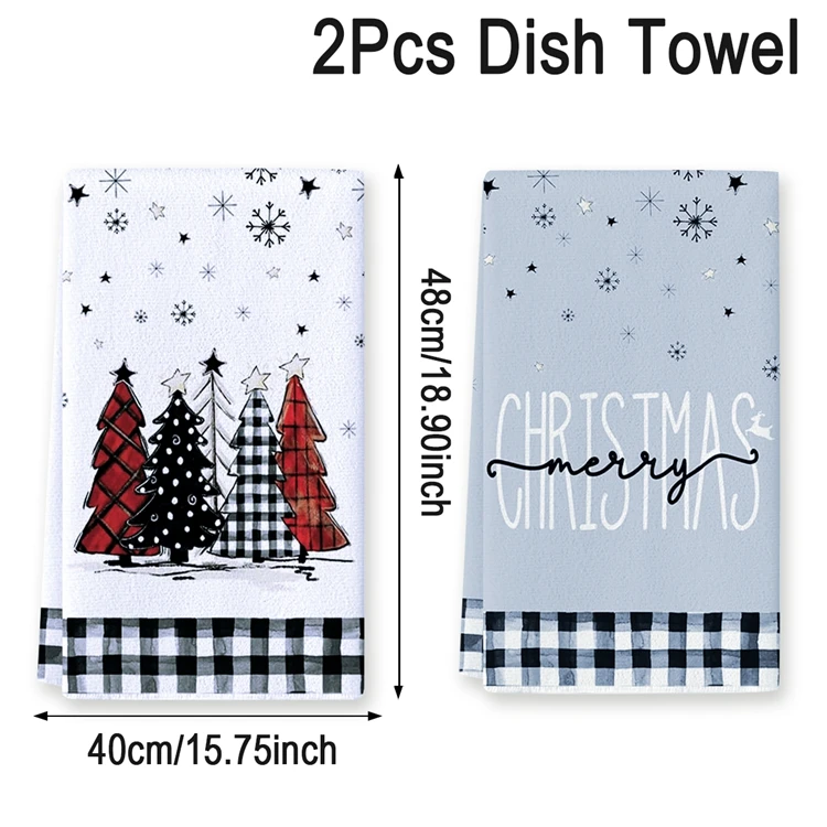 Festive Green Buffalo Plaid Christmas Dish Towels - Farmhouse Noel Kitchen Decor