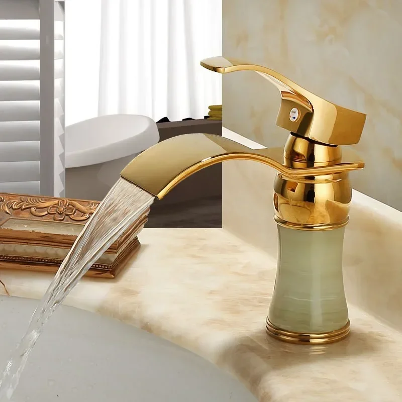 

European-Style Copper Natural Jade Bottom Basin Hot and Cold Golden Faucet Waterfall Table Basin Gold-Plated Faucet