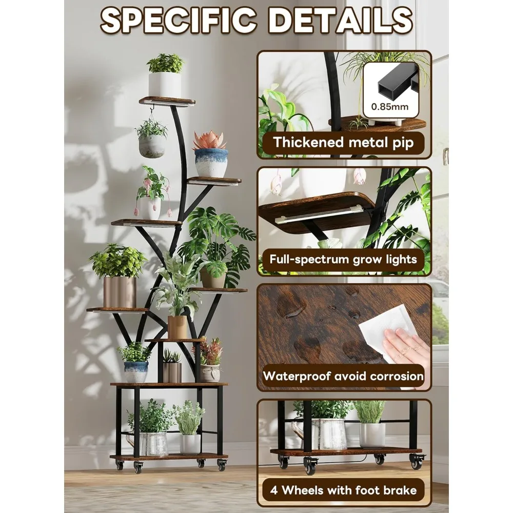 8 Tiered Plant Stands with Wheel 64" Tall Shelf for Indoor Multiple Metal Plants Flower Holder, Plant Shelves 5