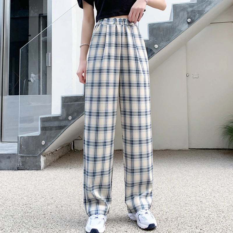 JMPRS Vintage Plaid Women Pants Elastic Waist Autumn Korean Style Casual Pocket Straight  Straight Trousers Joggers Sweatpants old navy capris