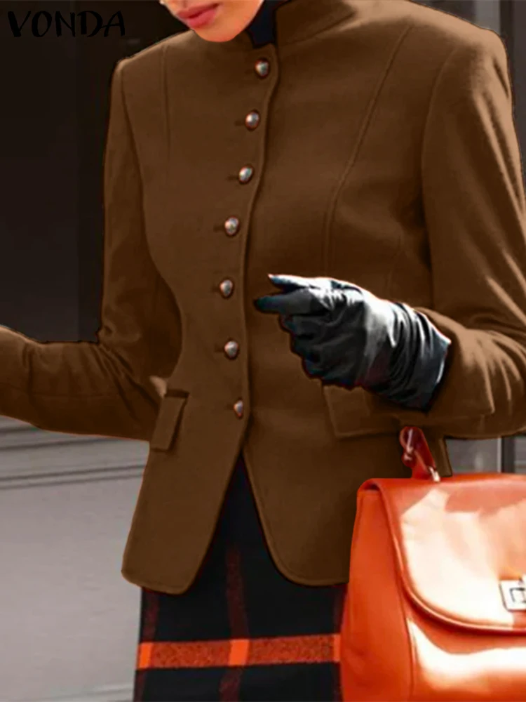 

2023 Модный женский осенний Блейзер VONDA, однотонные повседневные элегантные офисные костюмы, пальто с длинным рукавом и воротником-стойкой, верхняя одежда, блейзер