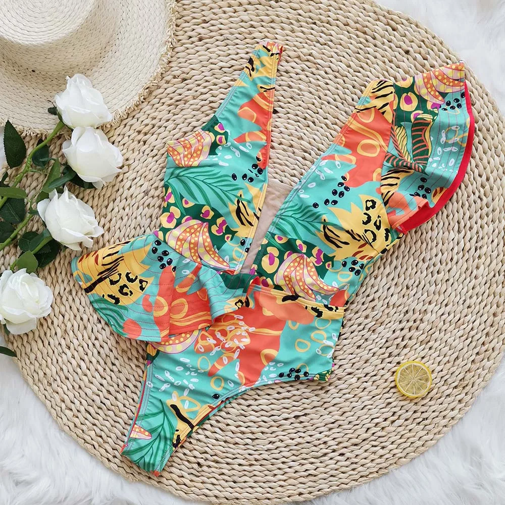 2023 New One-piece One-shoulder Ruffled Swimsuit Women's Mesh Splicing Bikini Swimwear Beachwear
