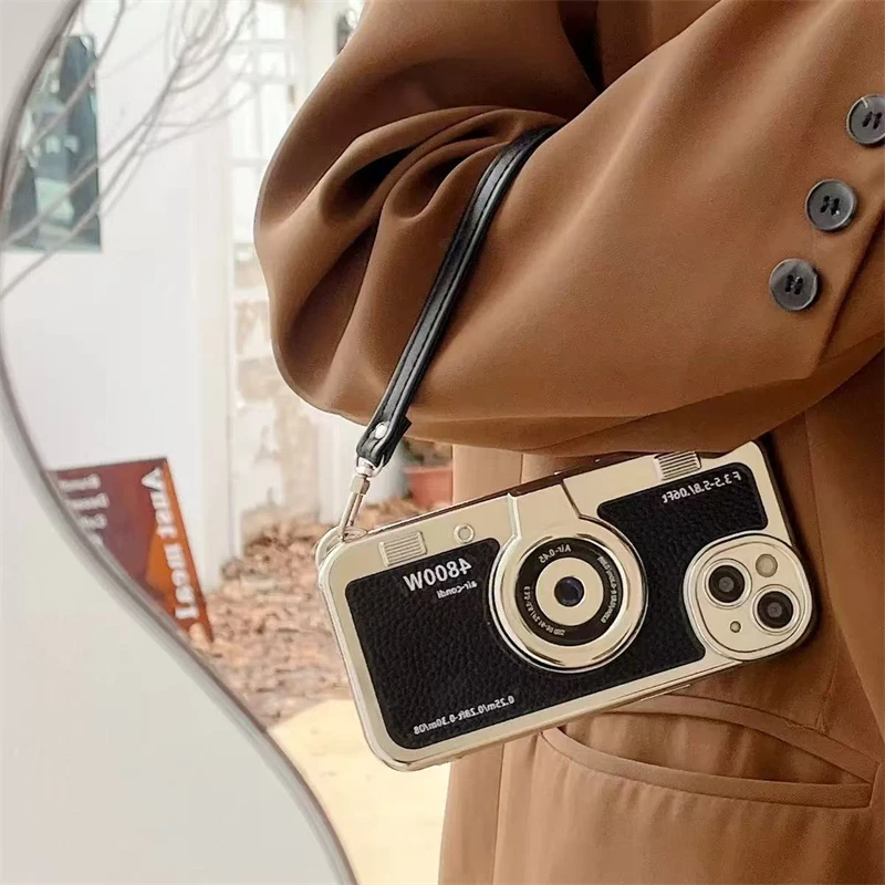 3D Luxury Retro Camera-Style Phone Case with Hand Rope Cover