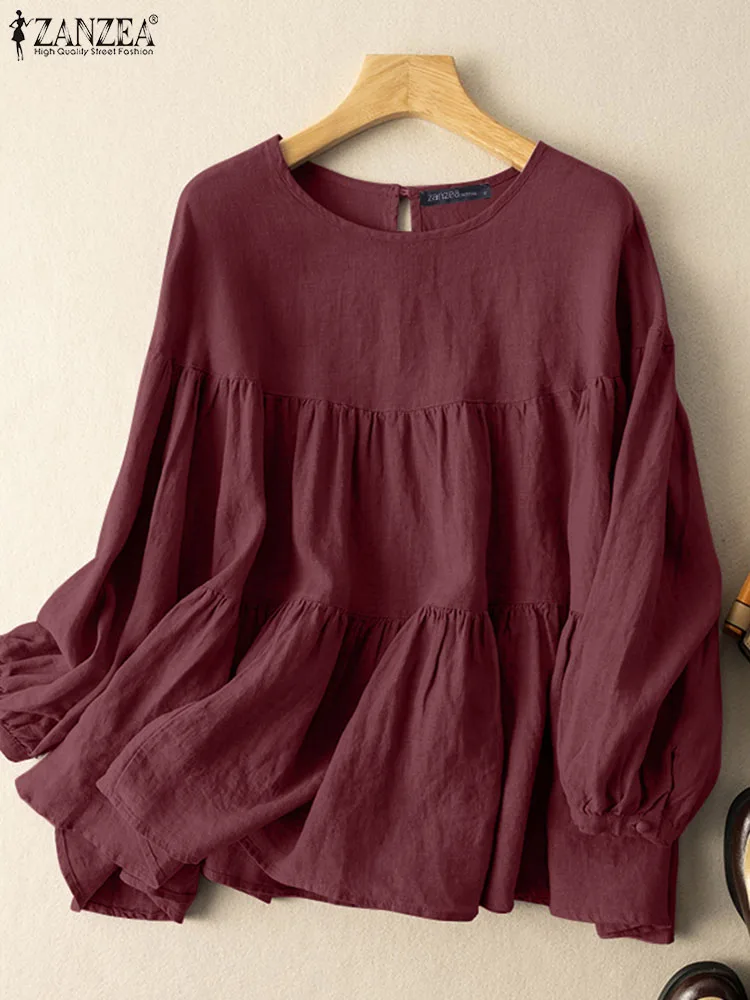 

ZANZEA Vinatge Solid Blouse Women Autumn Tops O Neck Long Sleeve Work Blusas Elegant Cotton Shirt Bohemain Casual Holiday Tunic