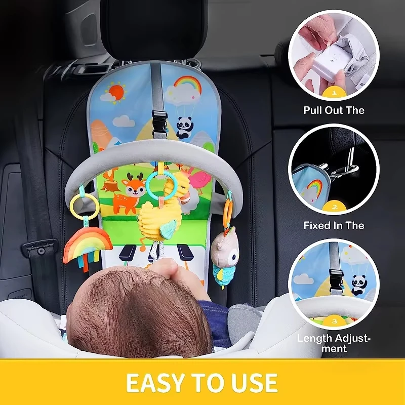 Car Seat Toy for Infant Rear Car Seat Hanging Toy Kick Play Center Activity Arch with Music Mirror Rattle Toys for Baby