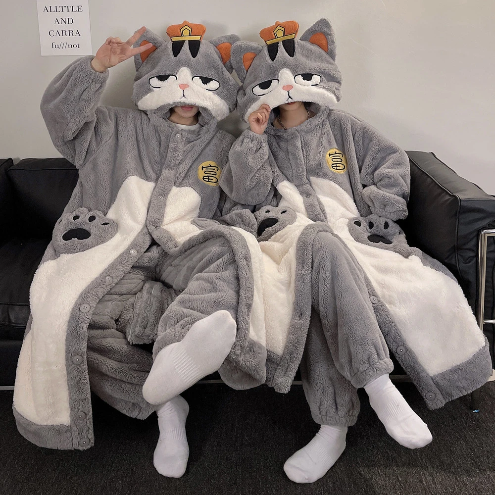 

Winter Pajamas Women Men Thicken Warm Long Robe Cartoon Cat Pijamas Cute Home Wear Sleepwear Kawaii Coral velvet Pajamas Set
