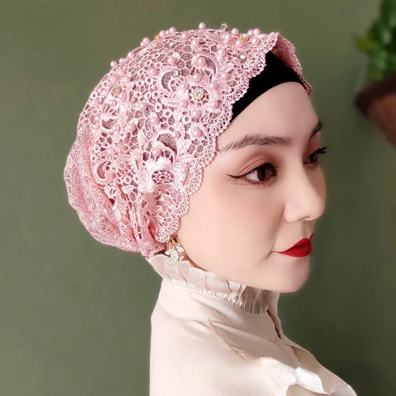 Beading Muslim Turban Caps Lace Headcover Islamic Wrap Head Turbante Summer Bonnets For Women Embroidery Flower Hijab Church Hat 5