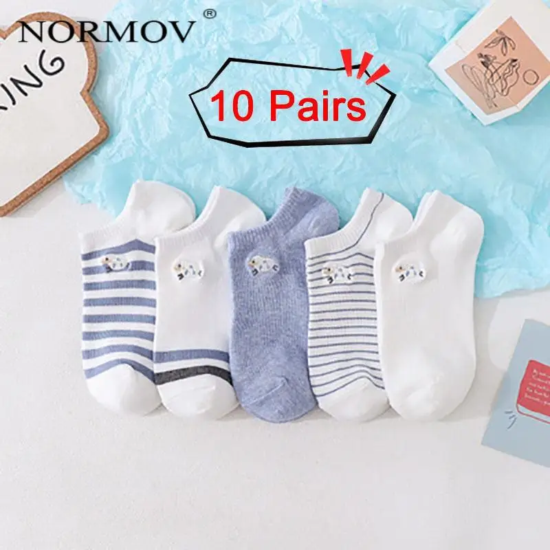 

NORMOV Socks 10 Pairs Cartoon Cotton Cute Women Couple Stripe Short Boat Socks Personality Absorb Sweat New Casual Basic Socks