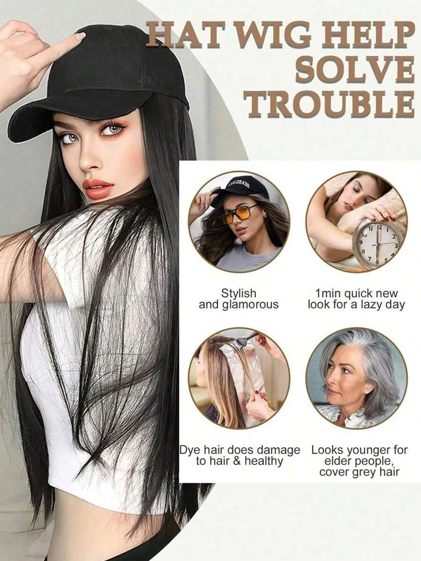 1pc 18 Inch Synthetic Hair Extension Baseball Cap Wig Hat With Hairpiece,Black Color,For Women Christmas New Year Carnival Music