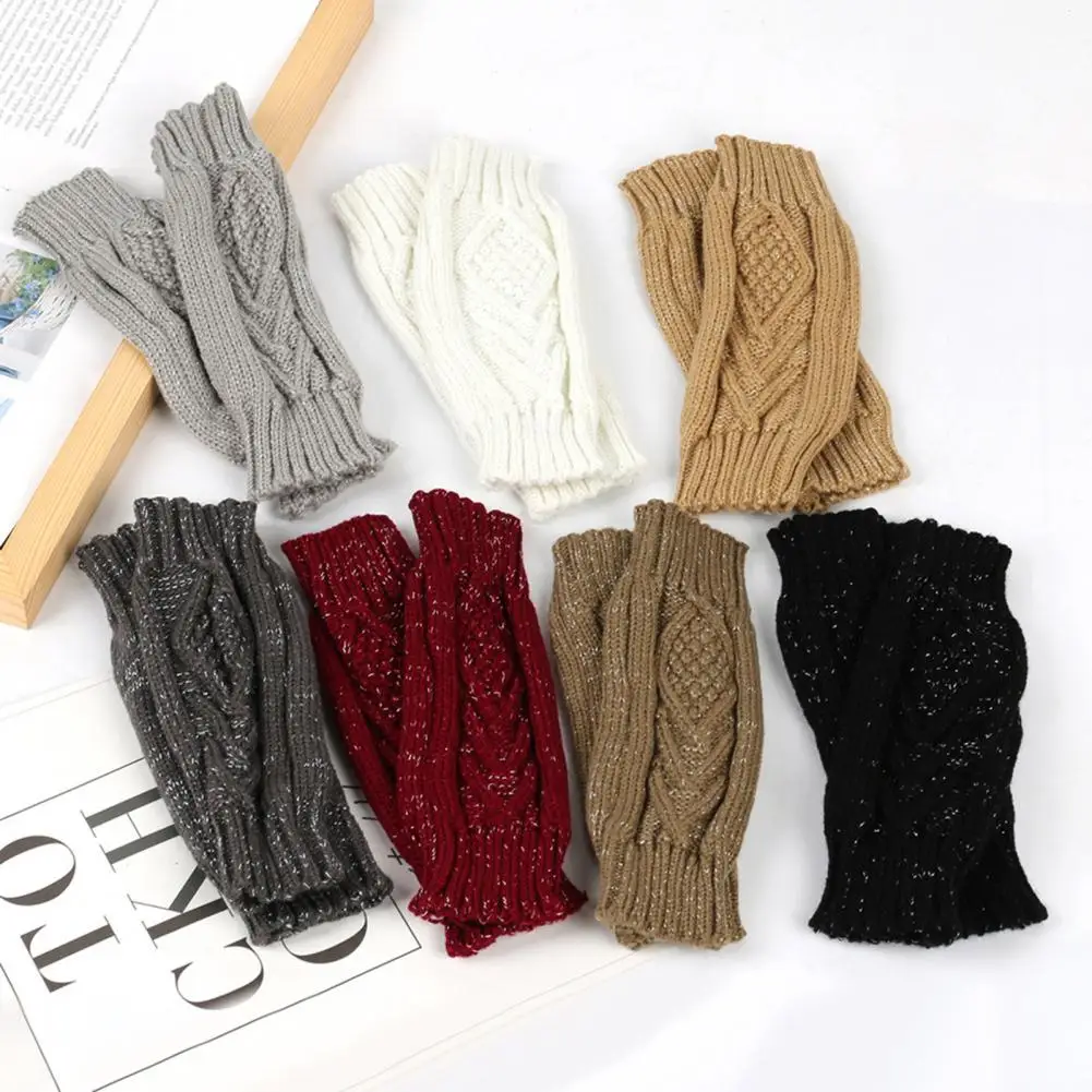 Cold-resistant Gloves Stylish Faux Silk Rhombus Textured Half Finger Gloves Warm Stretchy Fashionable Women's Knitting Mittens