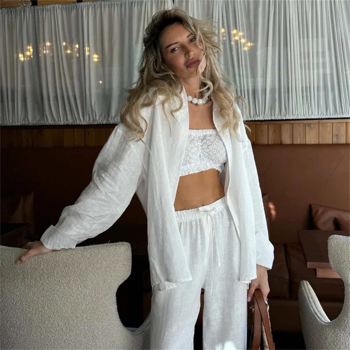 Classic Solid Shirt Pants Set Women Casual Loose Long Sleeved Lapel Elastic Waist Two Piece Suit 2025 New Summer Street Outfit