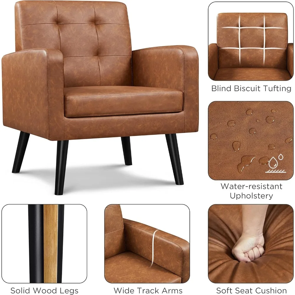 Mid-Century Accent Chairs,PU Leather Modern Upholstered Living Room Chair,Cozy Armchair Button Tufted Back 4