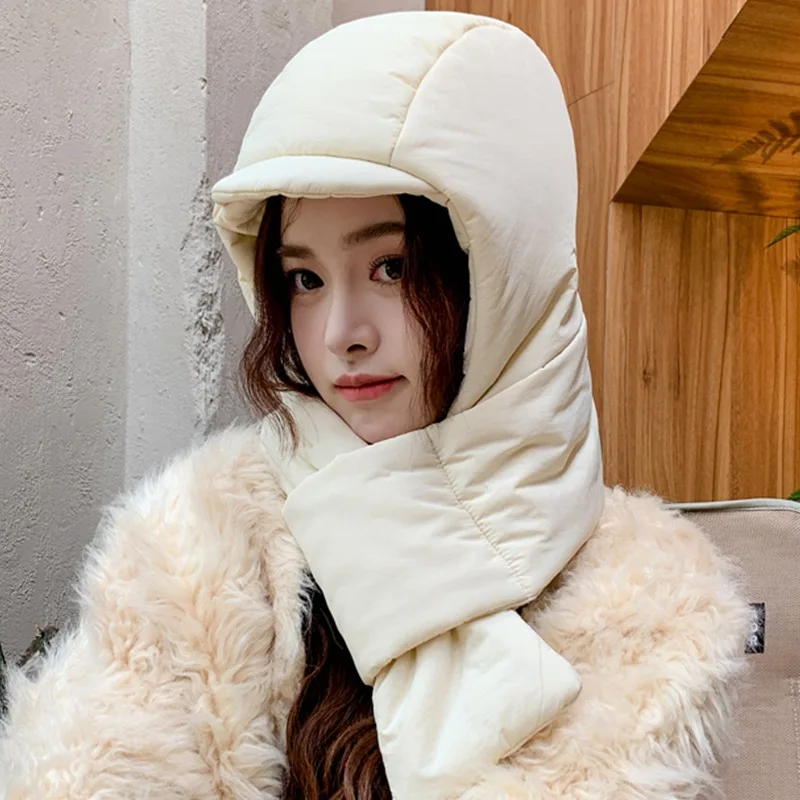 Hat Scarf One Woman Winter All Cute Fluffy Hat Warm Winter Thickened Anti-Freeze Windproof Hooded Bib