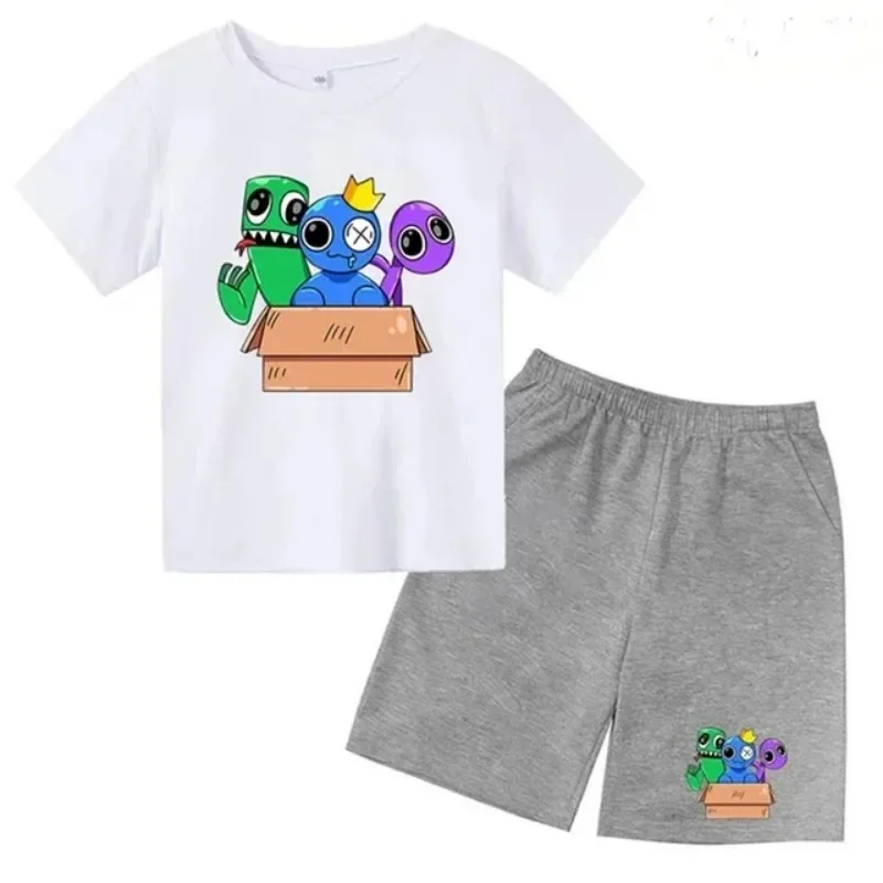 Summer Rainbow Friend Printed Short Sleeved Children T-shirt + Shorts 2pcs Set 3-12 Years Boy Girl Clothing Kid  Fashion Suit 6
