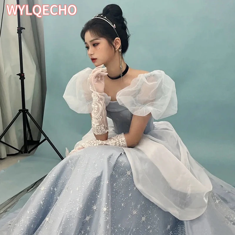 ブルーウエディングドレス婚約ジャカードドレスフランス