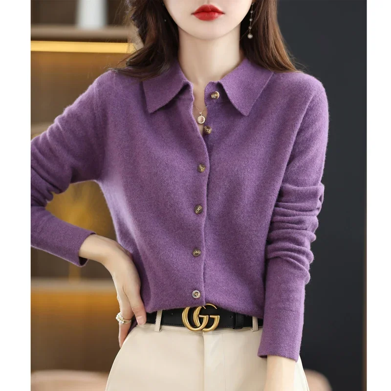 

Women's Wool Knit Cardigan Jacket Loose Polo Collar Sweater Outer Solid Color Button Knit Shirt Pullover French 2024 Spring B10
