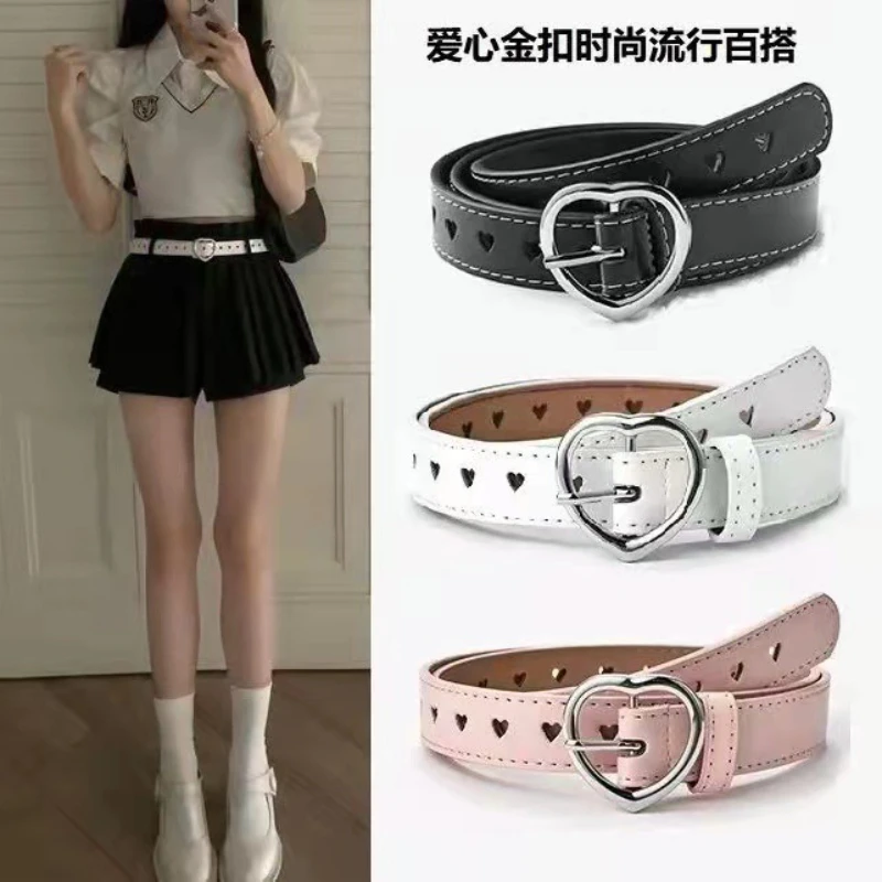Children Faux Leather Belt Kids Cute Peach Heart Buckle Belts for Girls Solid Waistband Love Heart Eyelet Grommet Waist Belt
