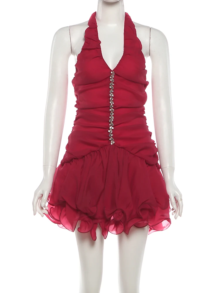 Nibber Sexy Backless Halter Puffy Dress Women Crystal Sticker Stripe Sleeveless Ruched Party Club Stretch Trend Mini Bodycon