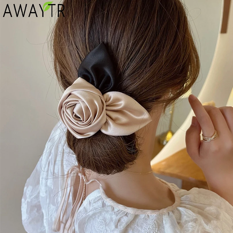 AWAYTR Satin Rose Flower Hairpin Spring Clip Hair Claw Headband for Women Back Head Hairbun Hairpin Barrettes Hair Accessories