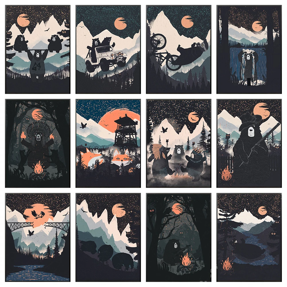 Moonlit Forest Wild Lndian Black Bear Wild Rider Wild Animal Retro Cartoon Poster Dipinti Su Tela Immagini Di Arte Della Parete Decorazioni Per La Cas