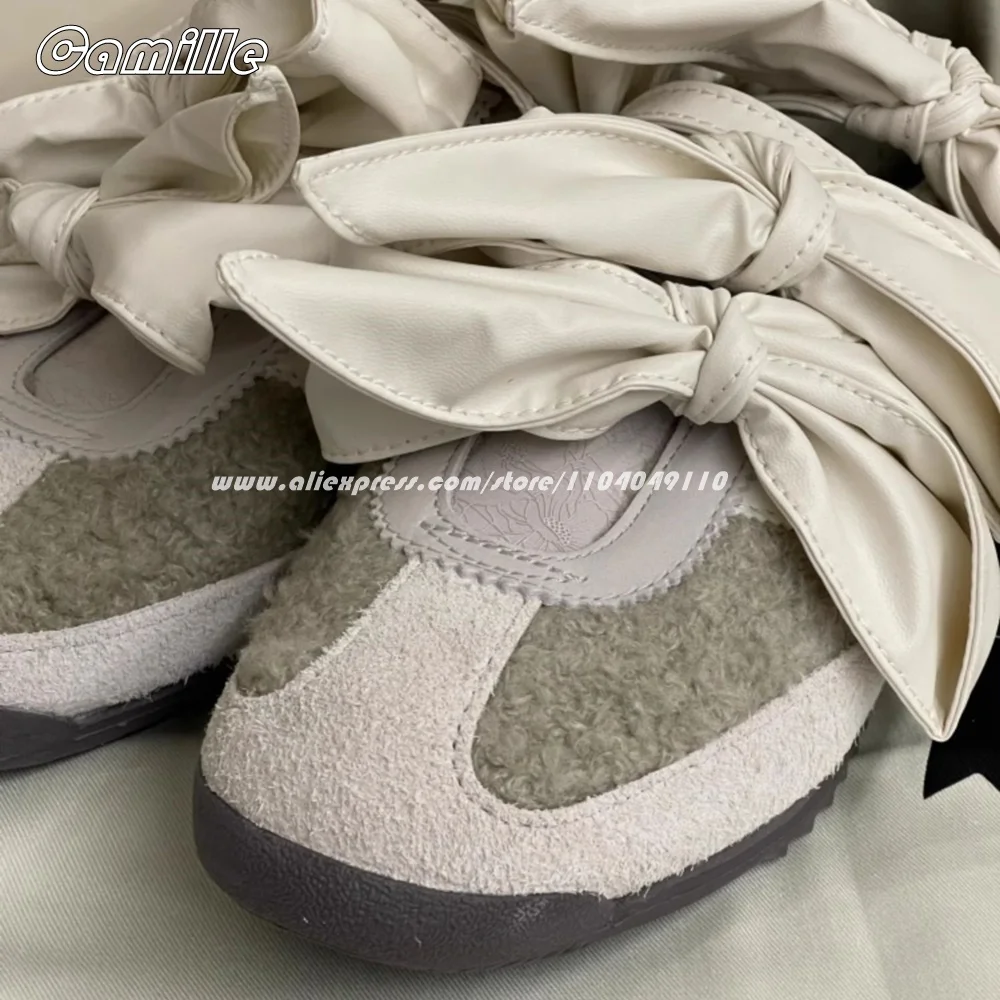 Retro Mixed Color Bow Knot Suede Flat Vulcanized Shoes Round Toe Silk Casual Lady Shoes Autumn New Size 36-40 Training Shoes 4